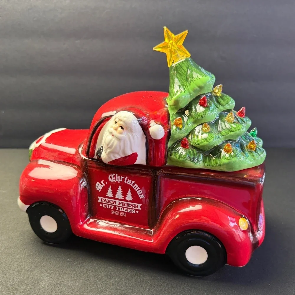 Mr. Christmas Red Truck Santa Light Up Tree Ceramic Farmhouse Holiday Cookie Jar